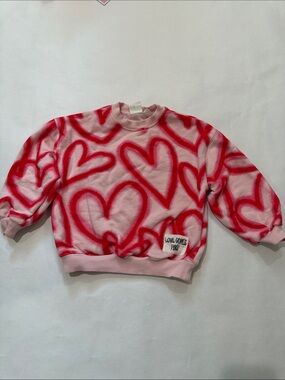Zara Pink Girls Crewneck with Graffiti Red Hearts Detail